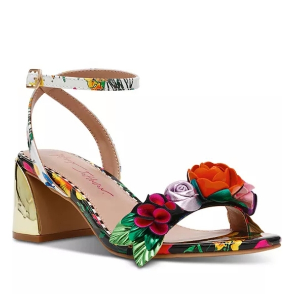 Betsey Johnson Darcee Sandals Gold Block Heels Colorful 3d Floral Straps - Picture 1 of 6